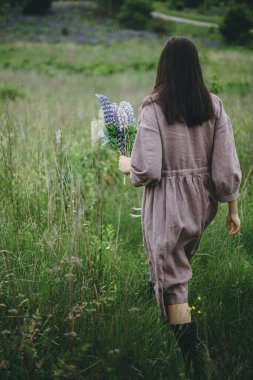 Kırsal elbiseli şık bir kadın lupin çayırlarında yürüyor, atmosferik görüntü. Keten elbiseli genç bir kadın yaz kırsalında çiçek topluyor, kırsal kesimde sakin bir hayat. Cottagecore estetiği