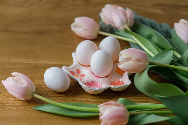 Happy Easter Beautiful Tulips Eggs Wooden Table Modern Farmhouse Easter — Stock Photo, Image