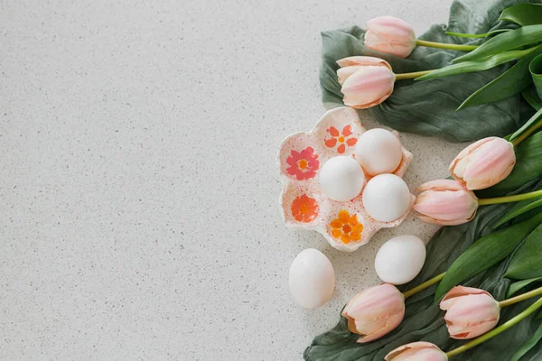 Happy Easter Beautiful Tulips Natural Eggs Modern Table Stylish Easter — Stock Photo, Image
