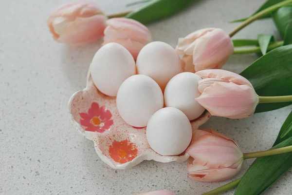 Beautiful Tulips Natural Eggs Modern Table Stylish Easter Still Life — Stock Photo, Image