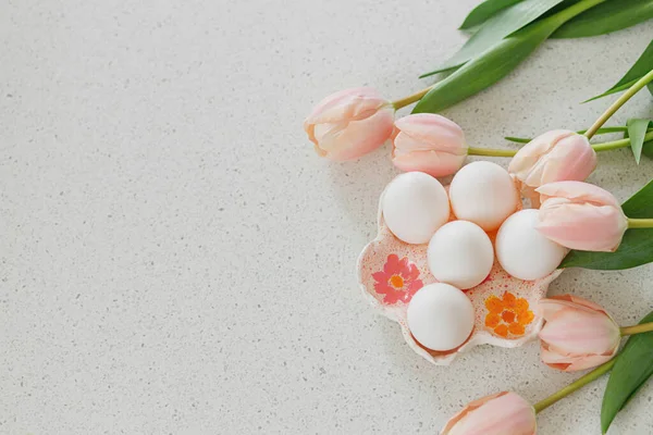 Beautiful Tulips Natural Eggs Modern Table Stylish Easter Flat Lay — Stock Photo, Image