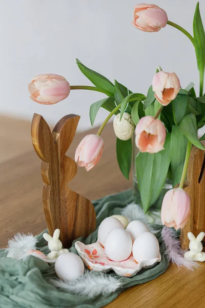Happy Easter Beautiful Tulips Eggs Bunny Decoration Wooden Table Modern — Stock Photo, Image