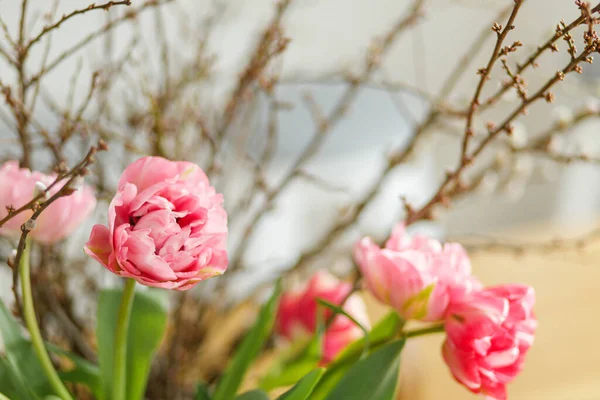 おしゃれなチューリップや柳の枝が木のテーブルの上で花束を閉じます 農家のダイニングルームでの花のお祝いの配置 春の花構成 ハッピーイースター — ストック写真