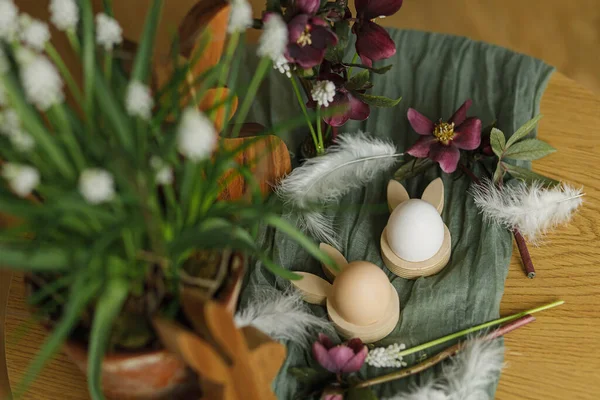 Stylish Wooden Bunny Ears Natural Eggs Spring Flowers Feathers Nest — Stock Photo, Image