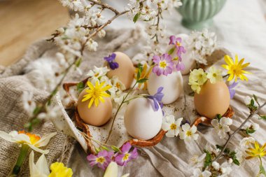 Happy Easter! Rustic easter still life. Stylish easter eggs and blooming spring flowers on linen fabric background. Natural eggs in tray and wildflowers