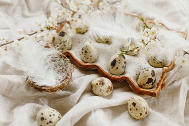 Stylish easter eggs and blooming spring flowers on linen fabric. Happy Easter! Natural quail eggs in tray, feathers and cherry blossoms on rural table. Rustic easter still life
