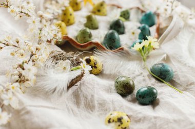 Happy Easter! Stylish easter eggs and blooming spring flowers on rustic table. Natural painted quail eggs in tray, feathers and cherry blossoms on linen fabric. Rustic easter still life