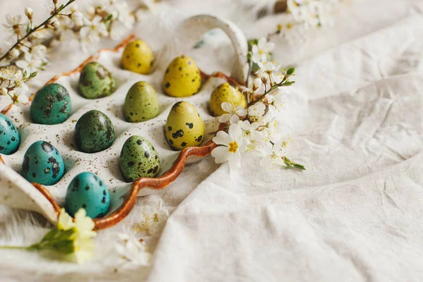 Rustic Easter Still Life Stylish Easter Eggs Blooming Spring Flowers — Stock Photo, Image