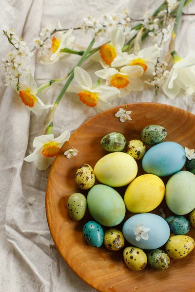 Happy Easter Rustic Easter Flat Lay Stylish Easter Eggs Blooming — Stockfoto