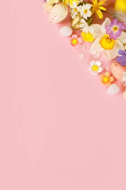 Happy Easter! Easter flat lay with stylish eggs and blooming spring flowers on pink background. Modern template with space for text. Greeting card or banner. Festive border