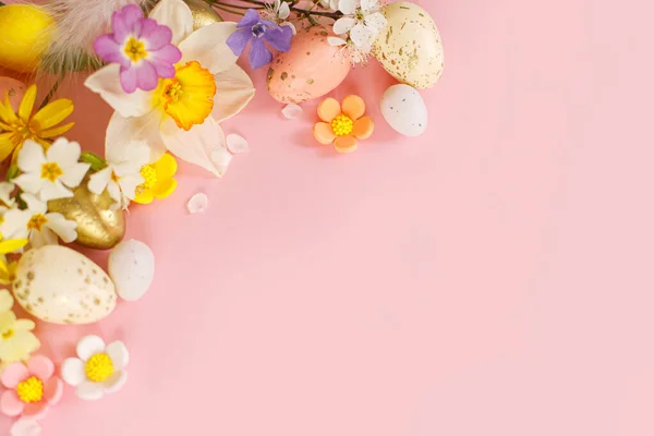 Stylish Easter Eggs Spring Flowers Cherry Blossoms Flat Lay Pink — 스톡 사진