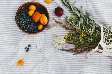 Yaz pikniği yatıyordu. Lezzetli meyve ve böğürtlenler kasede, şarap bardakları ve battaniyede bir buket kır çiçeği. Yabanmersini, şeftali ve kayısı. Tatil ve aile zaman kavramı