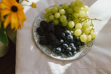 Taze yaban mersini, böğürtlen ve üzümler kırsal alanda seramik tabakta güneş ışığında. Sağlıklı gıda estetiği. Yaz meyveleri ışıkta. Kırsalda yaz mevsimi