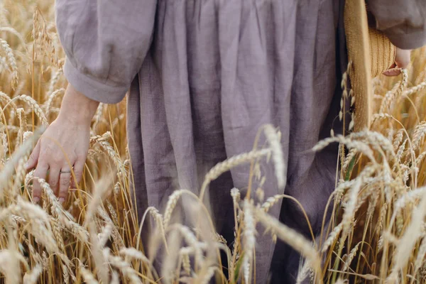 女性の手のフィールドで クロップドビューの小麦茎を保持 穀物収穫 田舎の夏に熟した小麦の耳に触れる素朴なリネンのドレスの女性 田舎暮らしだ 世界的な飢餓と食糧危機 — ストック写真