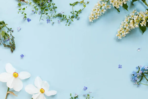 Voorjaarsbloemen Plat Lag Blauwe Achtergrond Bloemenkaart Template Met Ruimte Voor — Stockfoto