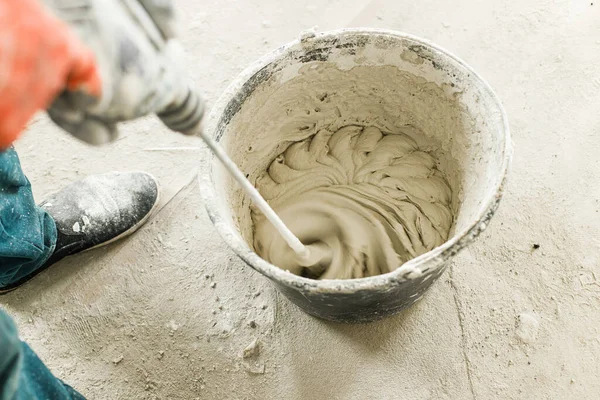 Worker Mixing Gypsum Plaster Water Plastering Walls Construction House Home — Stock Photo, Image