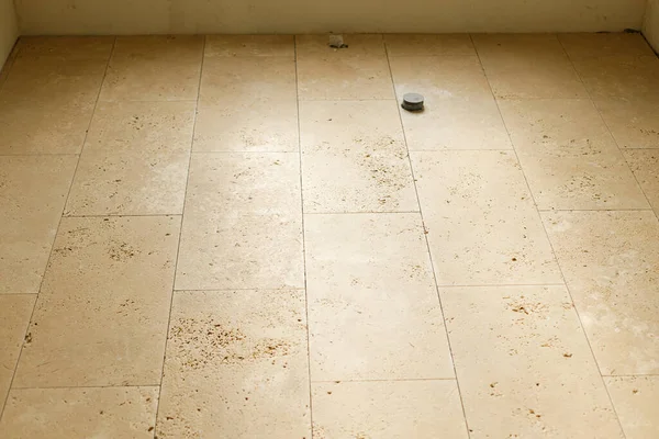 Travertine Tiles Masonry Floor Plumb Pipe Unfinished Bathroom Construction House — Stock Photo, Image