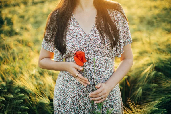 Beautiful Woman Holding Poppy Flower Sunset Light Barley Field Atmospheric — Stock Photo, Image