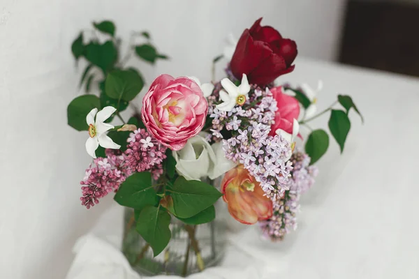 Bouquet Élégant Sur Table Rustique Bois Bonne Fête Des Mères — Photo