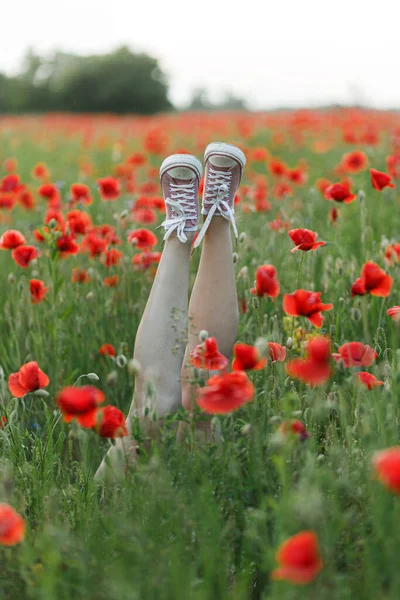 Woman legs in pink sneakers in poppy field in evening summer countryside, close up. Young female relaxing among wildflowers in meadow. Carefree and summer vacation, funny moment