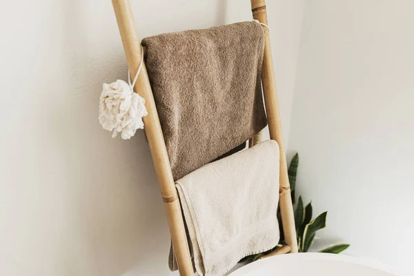 Stylish Boho Bathroom Design Rustic Wooden Ladder Towels Washcloth Modern — Stock Photo, Image
