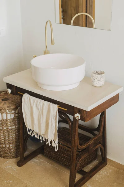 Stylish Boho Bathroom Design Modern Ceramic Sink Golden Faucet Rustic — Stock Photo, Image
