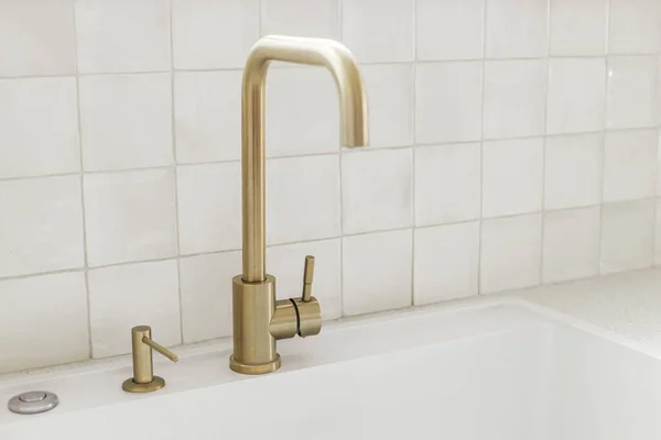 Stylish Brass Faucet White Granite Sink Counter Window New Scandinavian — Stock Photo, Image