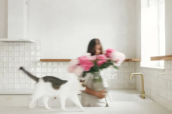 Размытая Женщина Своей Кошкой Расставляющей Пионы Вазе Фоне Минимальной Белой — стоковое фото