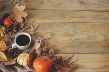 Warm cup of tea, pumpkins, fall leaves, cozy scarf on rustic wooden table flat lay with space for text. Hygge autumn template. Happy Thanksgiving. Fall still life banner