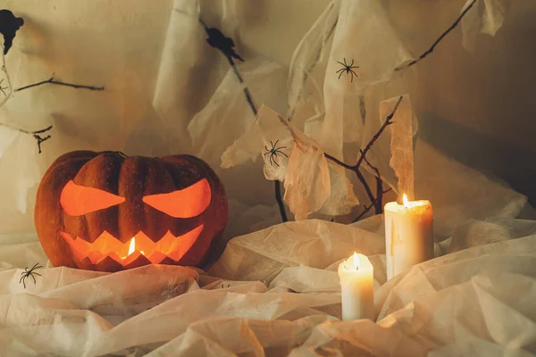 Spooky Jack Linterna Calabaza Tallada Telaraña Fantasma Murciélagos Velas Brillantes — Foto de Stock