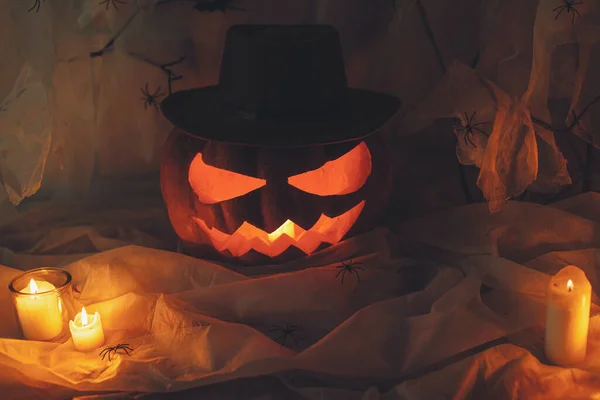 Feliz Halloween Jack Linterna Calabaza Tallada Telaraña Fantasma Murciélagos Luces — Foto de Stock
