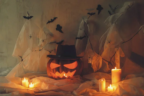 Feliz Dia Das Bruxas Spooky Jack Lanterna Esculpida Abóbora Teia — Fotografia de Stock