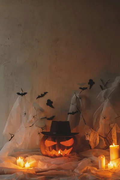 Spooky Jack Lanterna Esculpida Abóbora Teia Aranha Fantasma Morcegos Luz — Fotografia de Stock