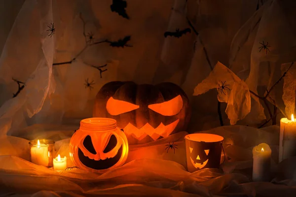 Feliz Halloween Jack Linterna Calabaza Tallada Telaraña Fantasma Murciélagos Luces — Foto de Stock