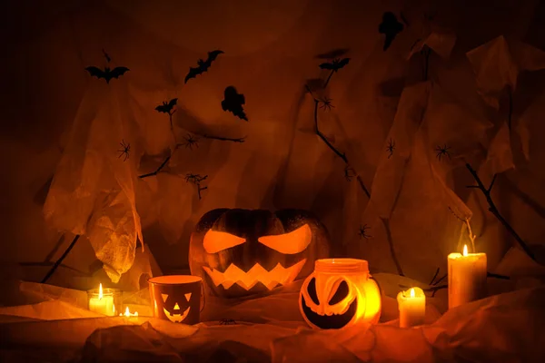 Frohes Halloween Jack Laterne Geschnitzten Kürbis Spinnennetz Geist Fledermäuse Und — Stockfoto