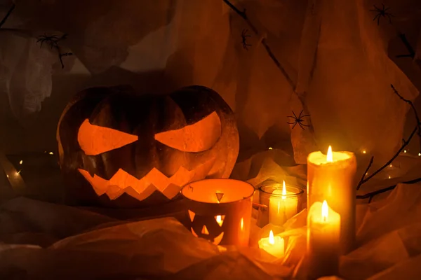 Frohes Halloween Gespenstische Jack Laterne Geschnitzten Kürbis Spinnennetz Geist Fledermäuse — Stockfoto