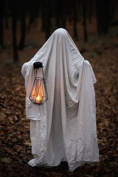 Spooky Ghost Holding Glowing Lantern Moody Dark Autumn Forest Person — Stock Photo, Image