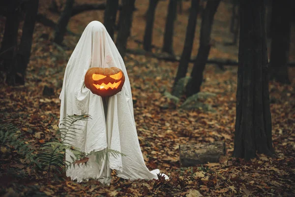 万圣节快乐 恐怖的鬼魂在忧郁的黑暗的秋天的森林里举着闪亮的杰克灯 穿着白色床单的人就像鬼魂 南瓜站在大气的黄昏的树林里 Boo — 图库照片