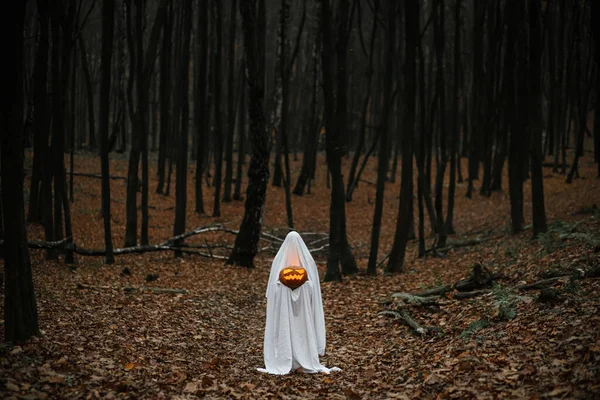 Счастливого Хэллоуина Жуткий Призрак Держащий Светящегося Джека Фонаря Мрачном Темном — стоковое фото