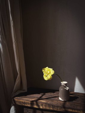 Şık çiçek natürmort, karamsar sanatsal kompozisyon. Kırsal arka planda, güneş ışığında vazoda güzel sarı lale. Çiçek dikey duvar kağıdı