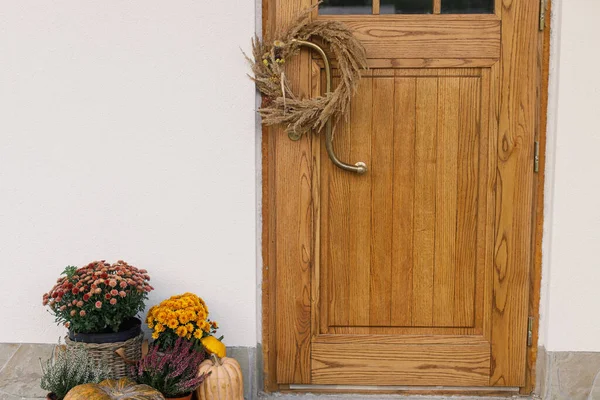 木製のフロントドアの秋の素朴な羽 カボチャ 花の鍋 ファームハウスの入口またはポーチのスタイリッシュな秋の装飾 フォールアレンジメント — ストック写真