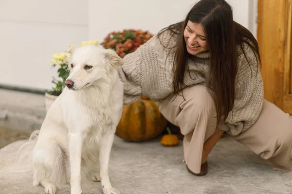 Mujer Feliz Suéter Punto Acariciando Lindo Perro Entrada Casa Decorada —  Fotos de Stock