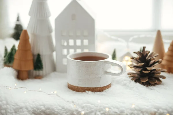 Winter Hygge Stylish Cup Tea Modern Cute Christmas Houses Pine — Stock Photo, Image