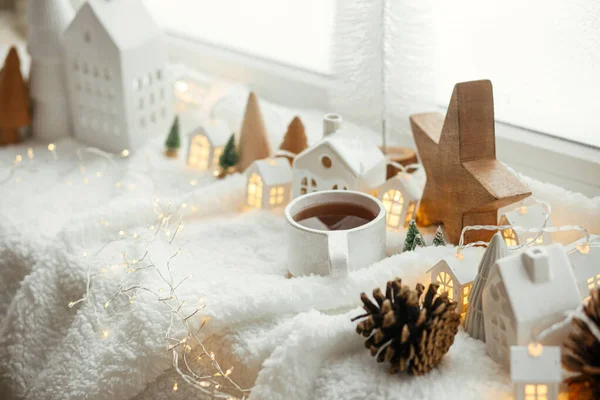 Stylish Cup Tea Modern Christmas Houses Pine Cone Wooden Star — Stock Photo, Image