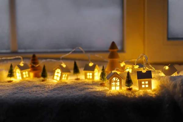 Village Hiver Miniature Atmosphérique Élégantes Petites Maisons Lumineuses Des Arbres — Photo