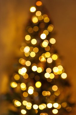 Noel arkaplanı. Noel ağacı altın bokeh. Aydınlatılmış Noel ağacının akşam vakti altın ışıklarıyla bulanık görüntüsü. Atmosfer arifesi
