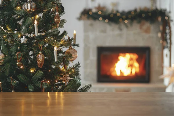 Plantilla Festiva Navidad Tablero Madera Burlan Producto Elegante Mesa Madera — Foto de Stock