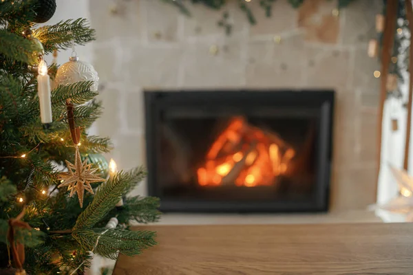 Świąteczny Szablon Świąteczny Drewniana Deska Makieta Produkt Stylowy Drewniany Stół — Zdjęcie stockowe