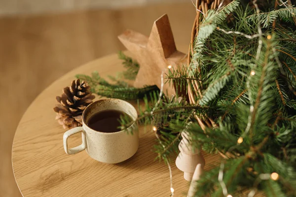 Winter Holidays Hygge Stylish Cup Warm Tea Fir Branches Basket — Stock Photo, Image