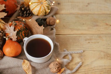 Autumn rural banner. Warm cup of tea, pumpkins, fall leaves, cozy scarf on rustic wooden table with space for text. Hygge autumn. Happy Thanksgiving. Fall still life